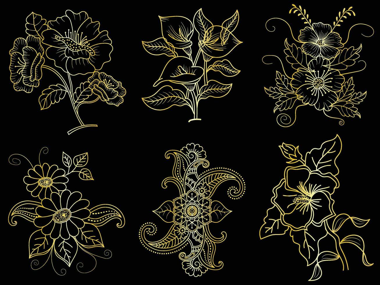 Golden vintage floral elements art decor style decoration. vector