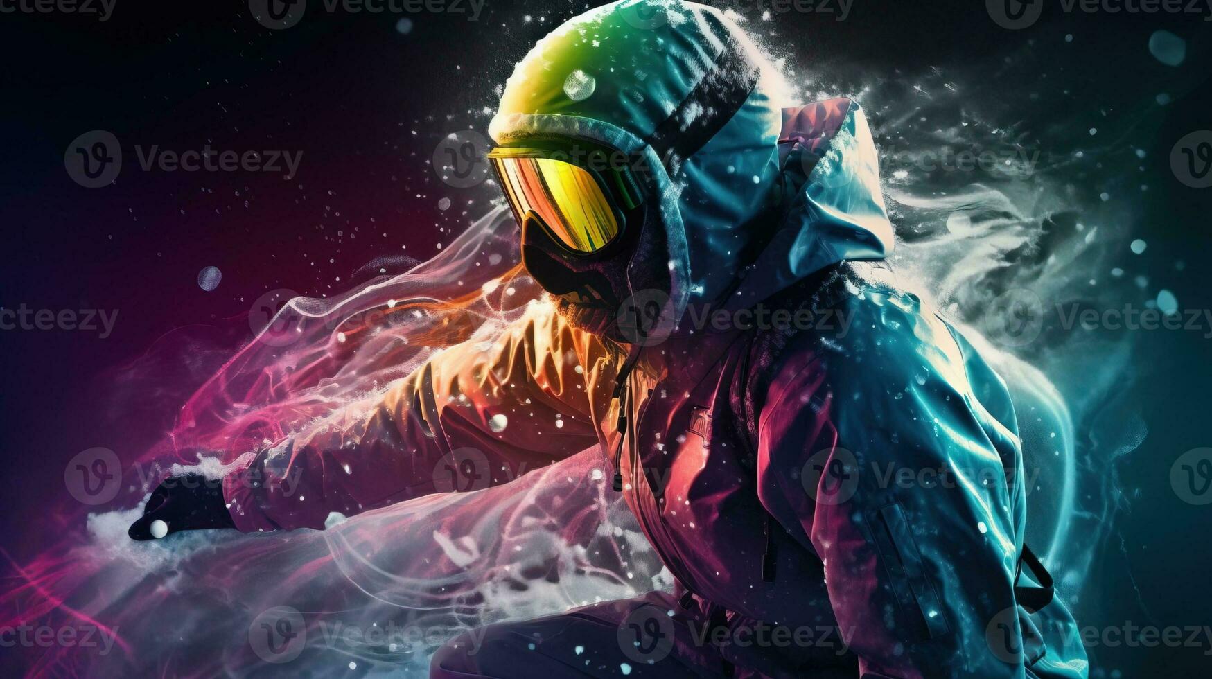 Skier in glasses close-up, background of snow-covered ski peaks of the mountains. AI generated. photo