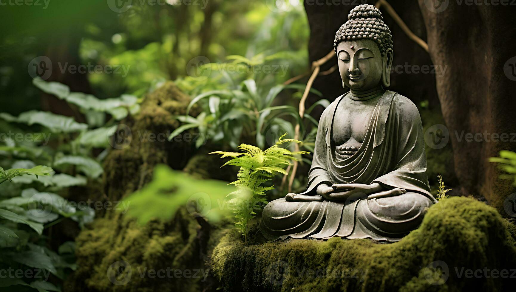 Buddha statue in the garden with green moss and tree background photo