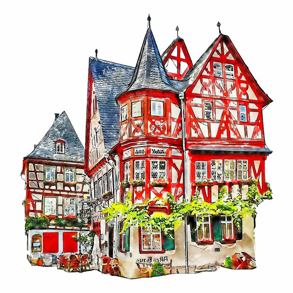 Bacharach Alemania acuarela mano dibujado ilustración aislado en blanco antecedentes vector