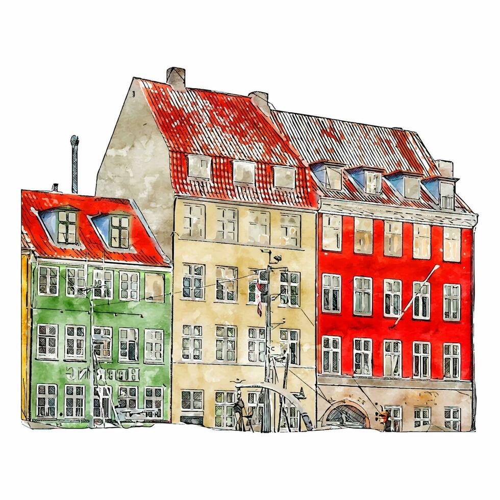 Architecture denmark watercolor hand drawn illustration isolated on white background vector