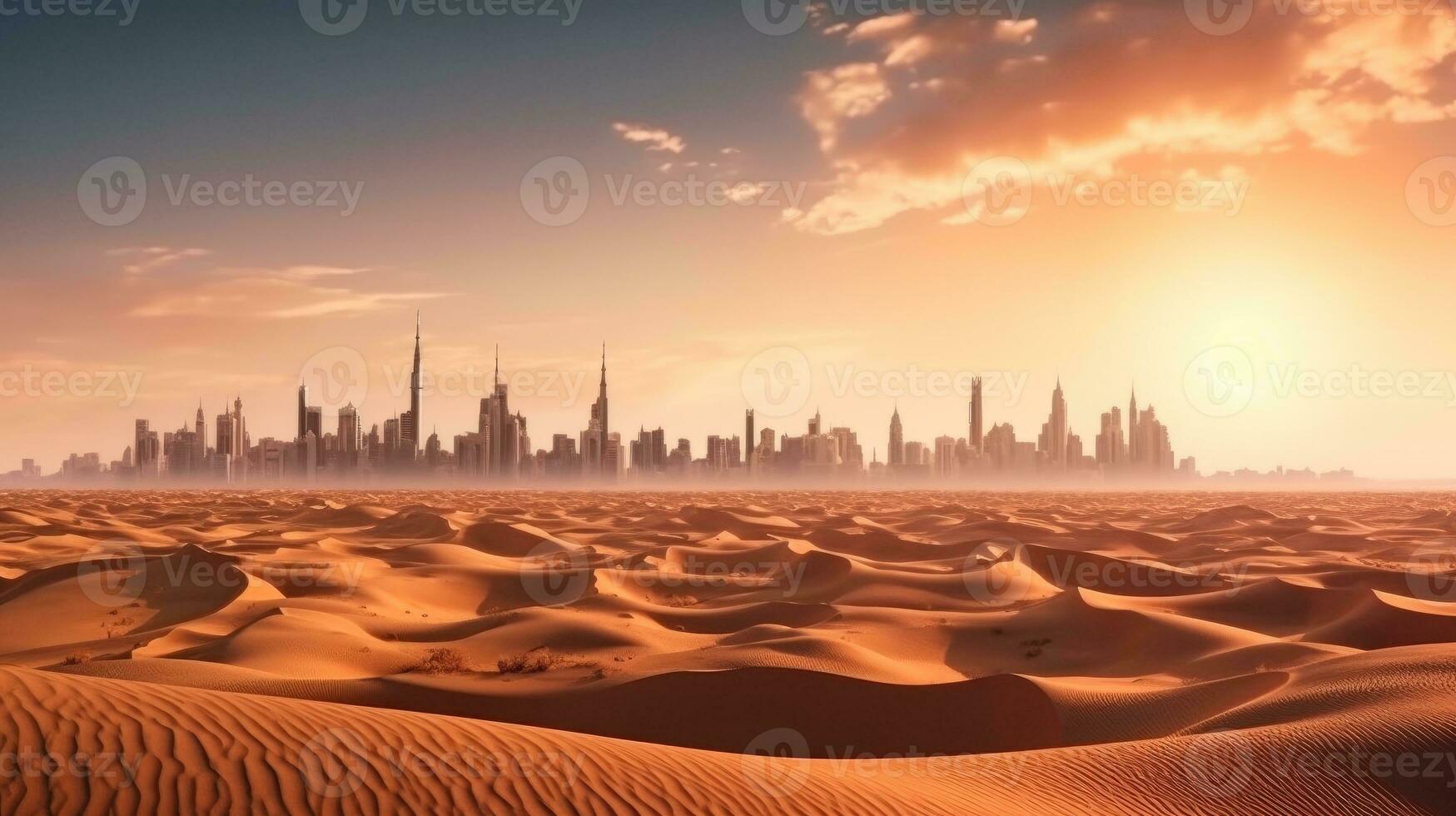 Desert in dubai city background united arab emirates beautiful sky in the morning sunrise. Generative Ai photo