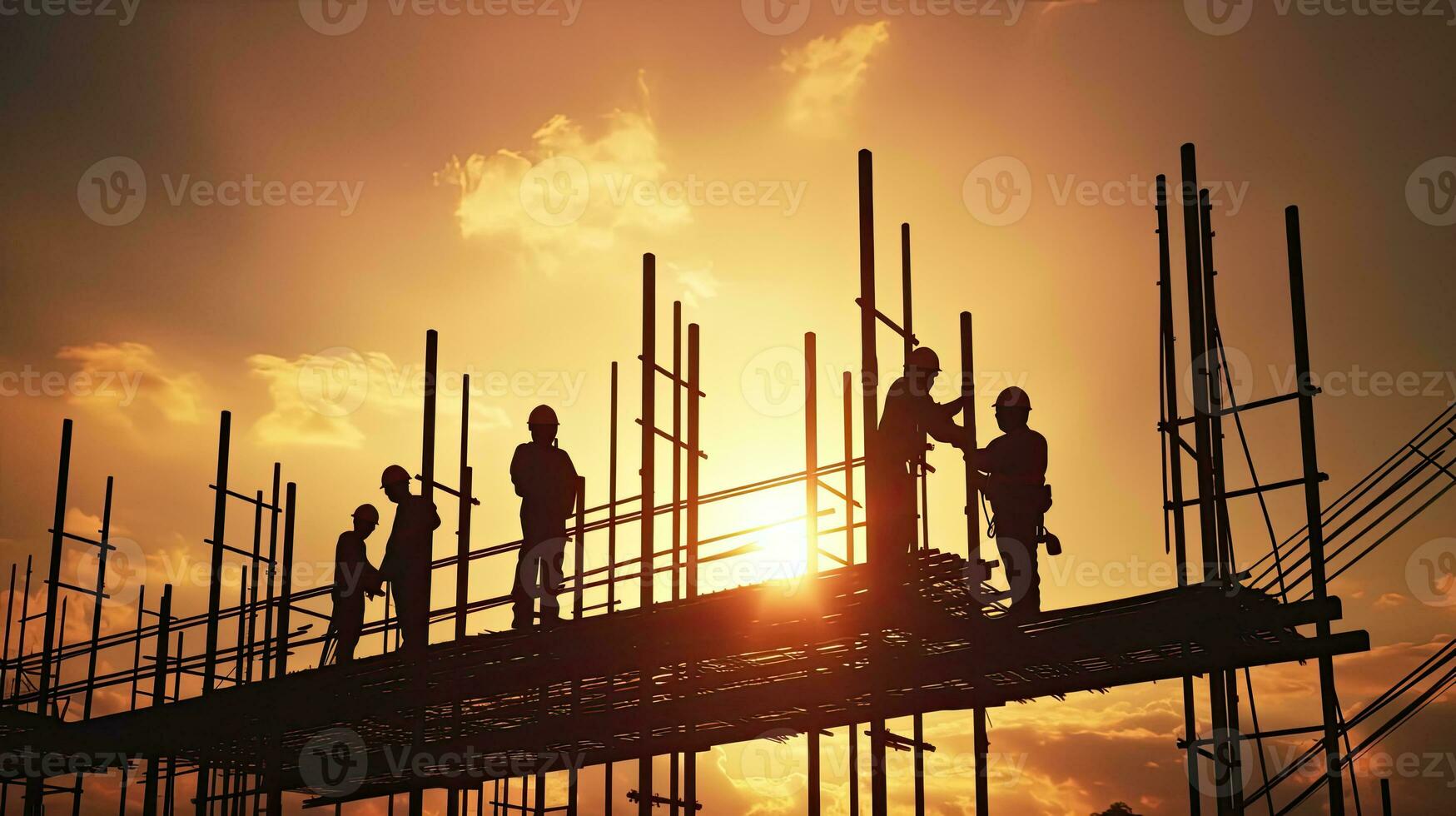 Silhouette of construction industry engineer standing orders for worker team to work safety on high at construction site. Generative Ai photo