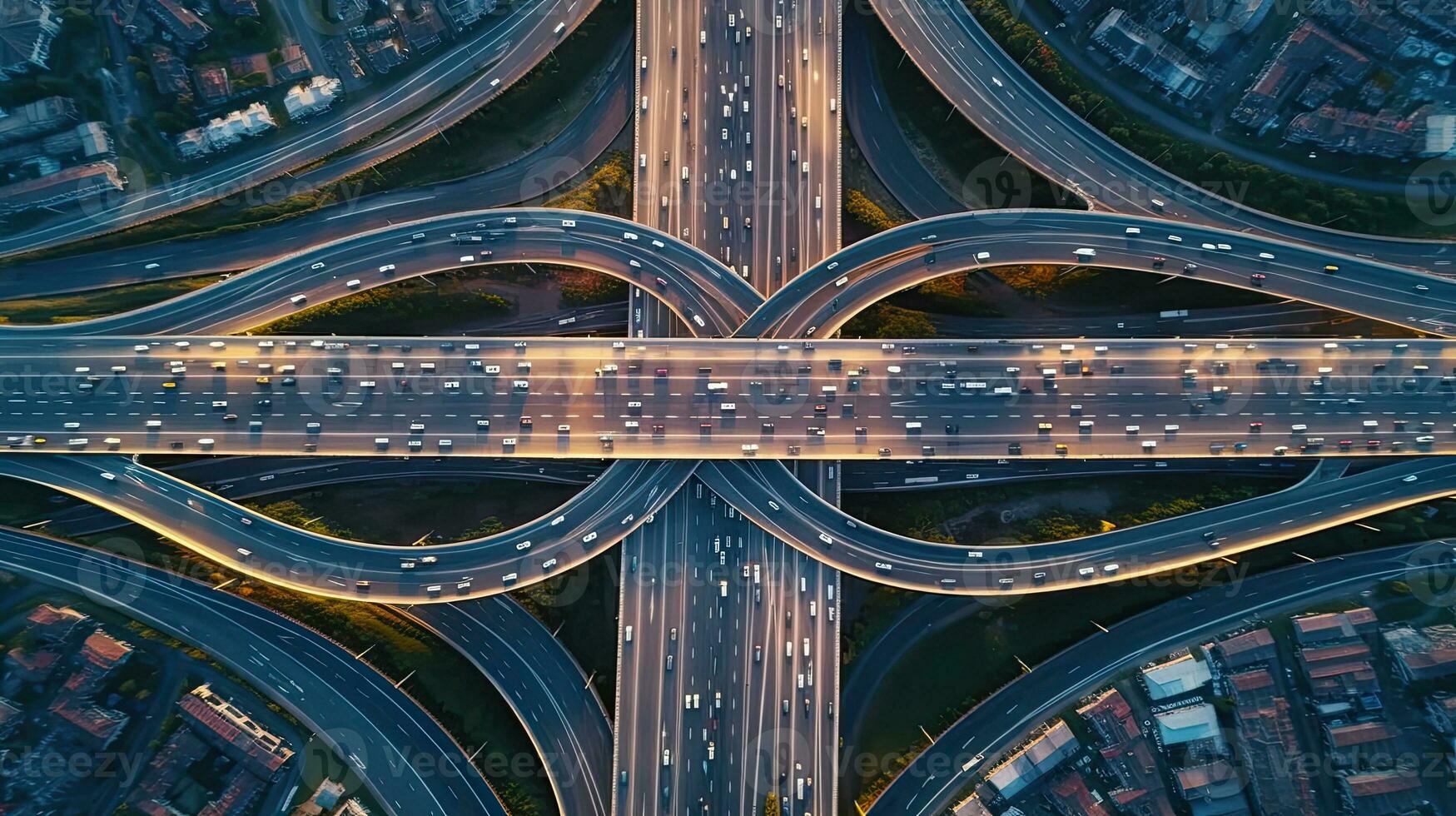 Aerial view of car traffic on multi lane highways or expressways, traffic in roundabouts is part of everyday life. Generative Ai photo