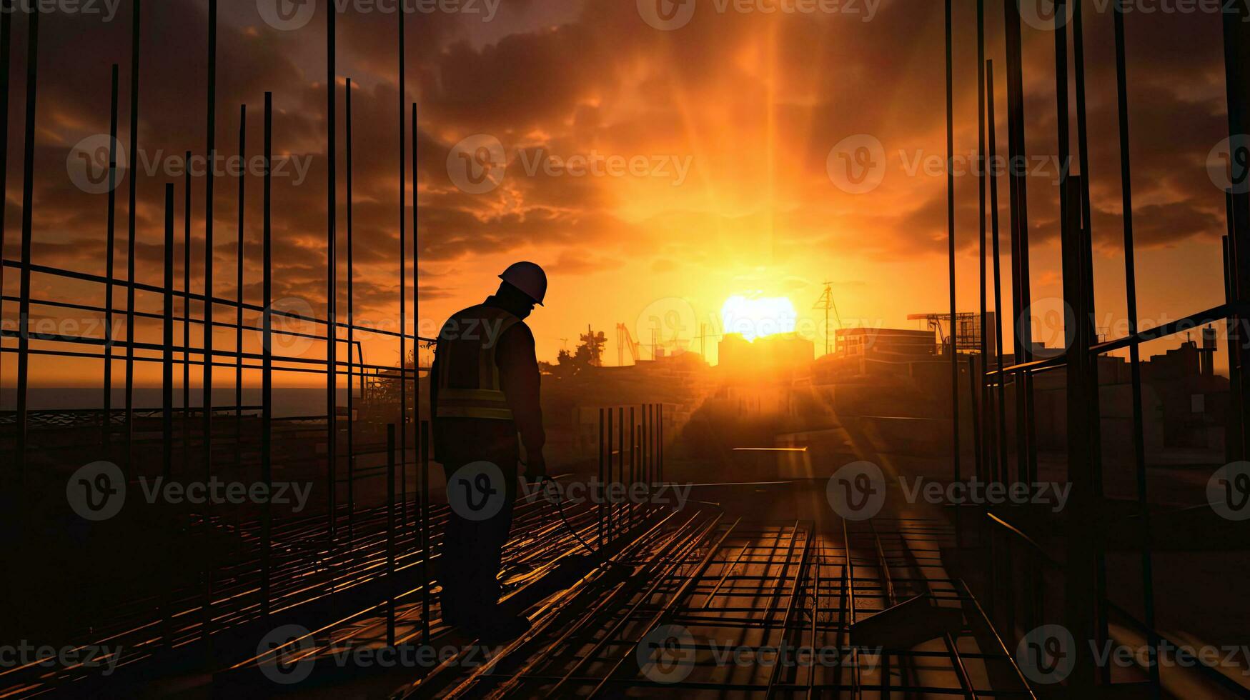 Silhouette of Engineer standing orders for construction crews to work on high ground heavy industry and safety concept. Generative Ai photo