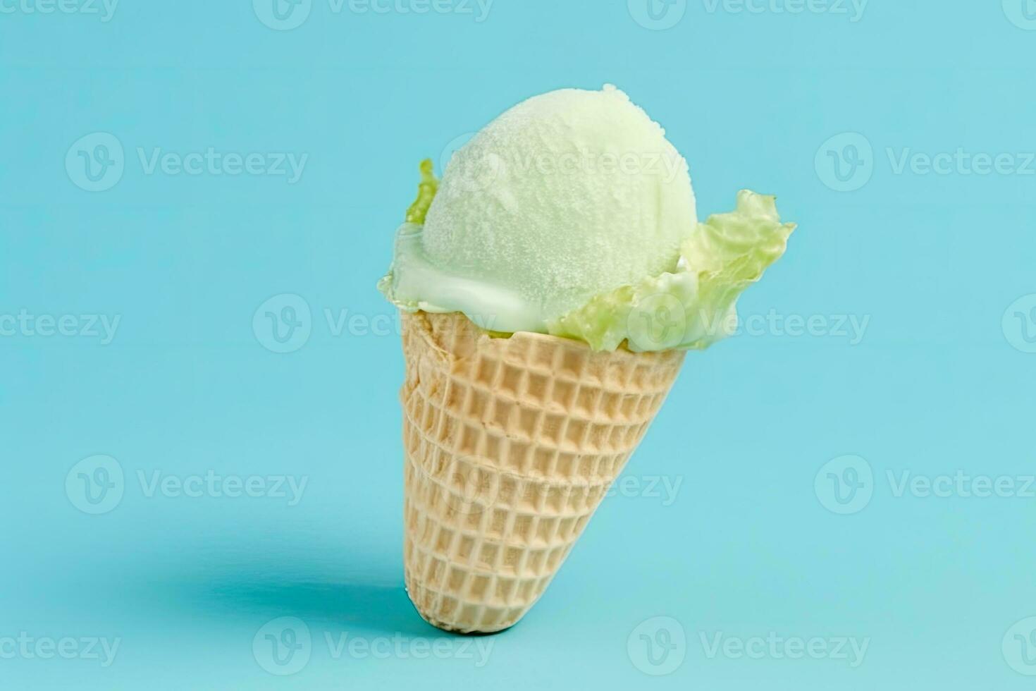 single scoop of ice cream in a crispy waffle cone on a vibrant blue