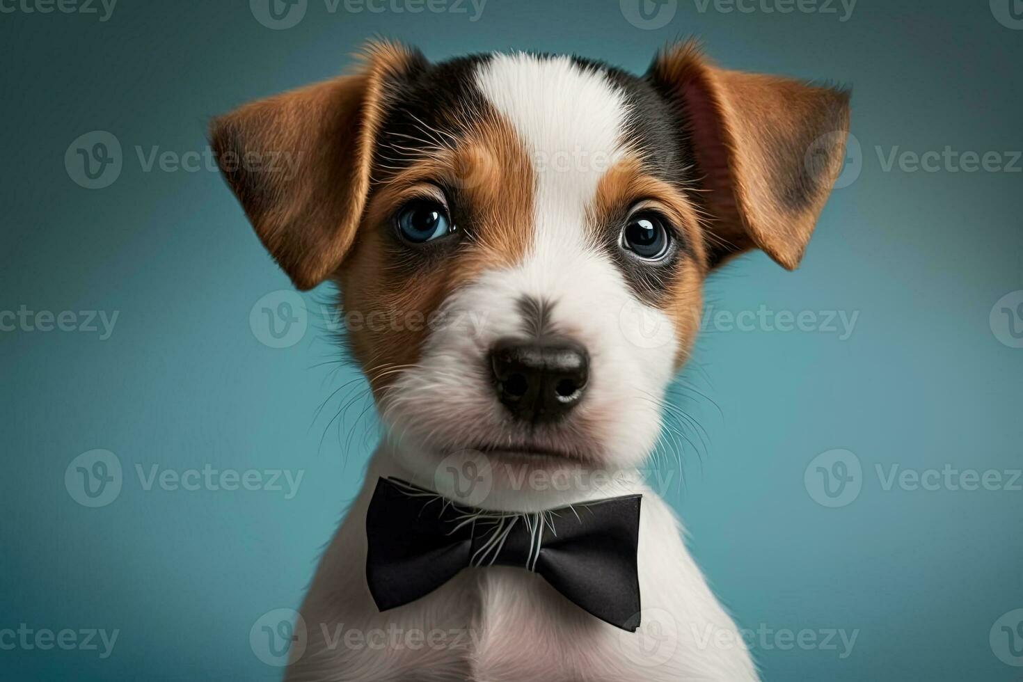 Puppies of the Jack Russel terrier breed, around four months old, are especially endearing because of their characteristically folded ears. Cute little puppy in a bowtie. The dog's fur has some weird photo