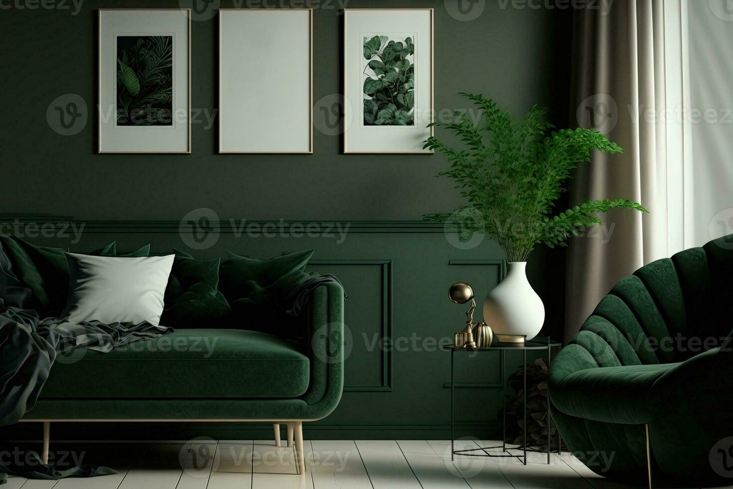 A simple interior space in a dark green tone with four picture frames on the wall, furniture, and plants is used to display posters photo