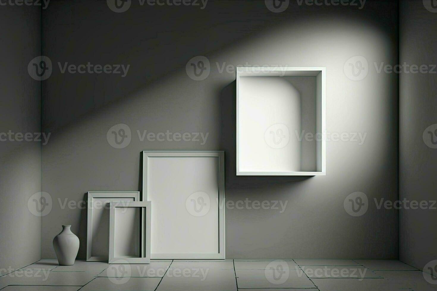 Display items against a cement floor and wall in a dimly lit interior photo