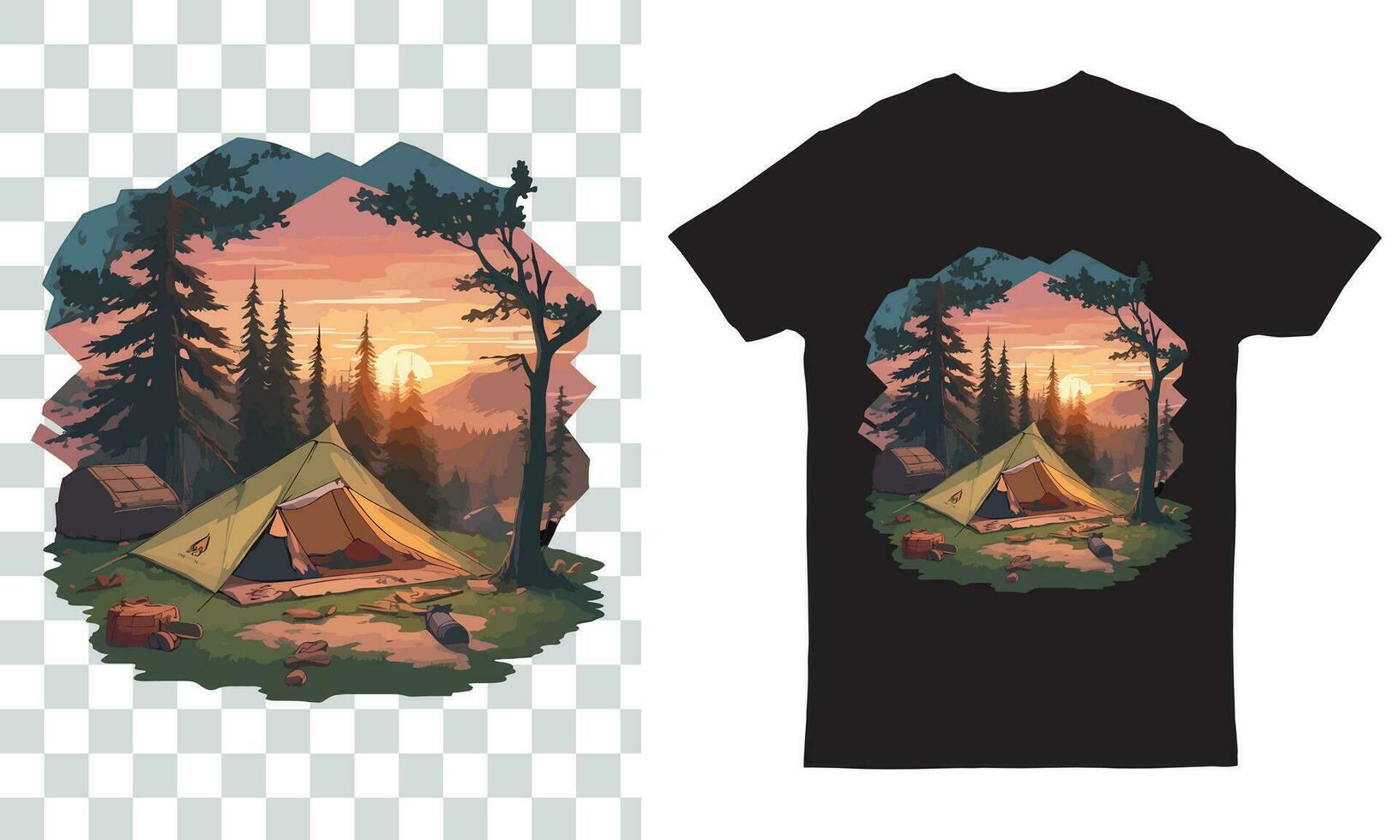 Arts work of T- shirt design, a ripped tent, spruces, sunset, axe laying on ground vector