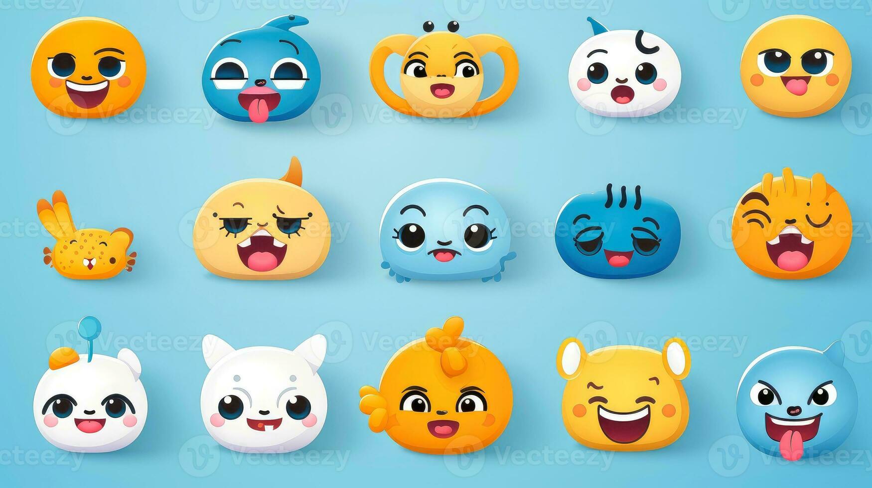 Set of cartoon faces expressions, face emojis, stickers, emoticons, cartoon funny mascot characters face set, Generative AI illustration photo