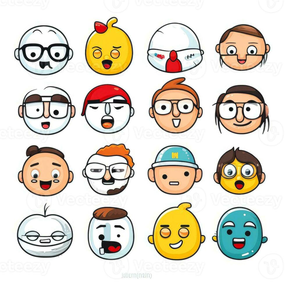 conjunto de dibujos animados caras expresiones, cara emojis, pegatinas, emoticonos, dibujos animados gracioso mascota caracteres cara colocar, generativo ai ilustración foto