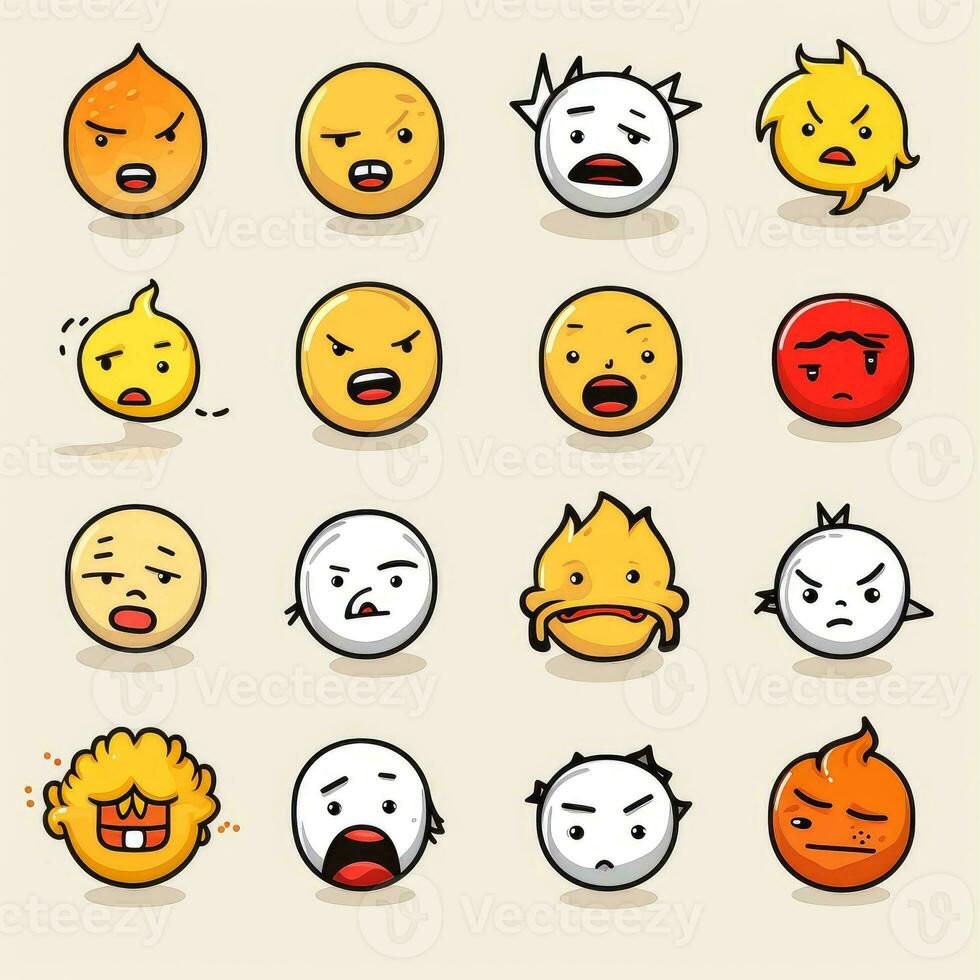 Set of cartoon faces expressions, face emojis, stickers, emoticons, cartoon funny mascot characters face set, Generative AI illustration photo