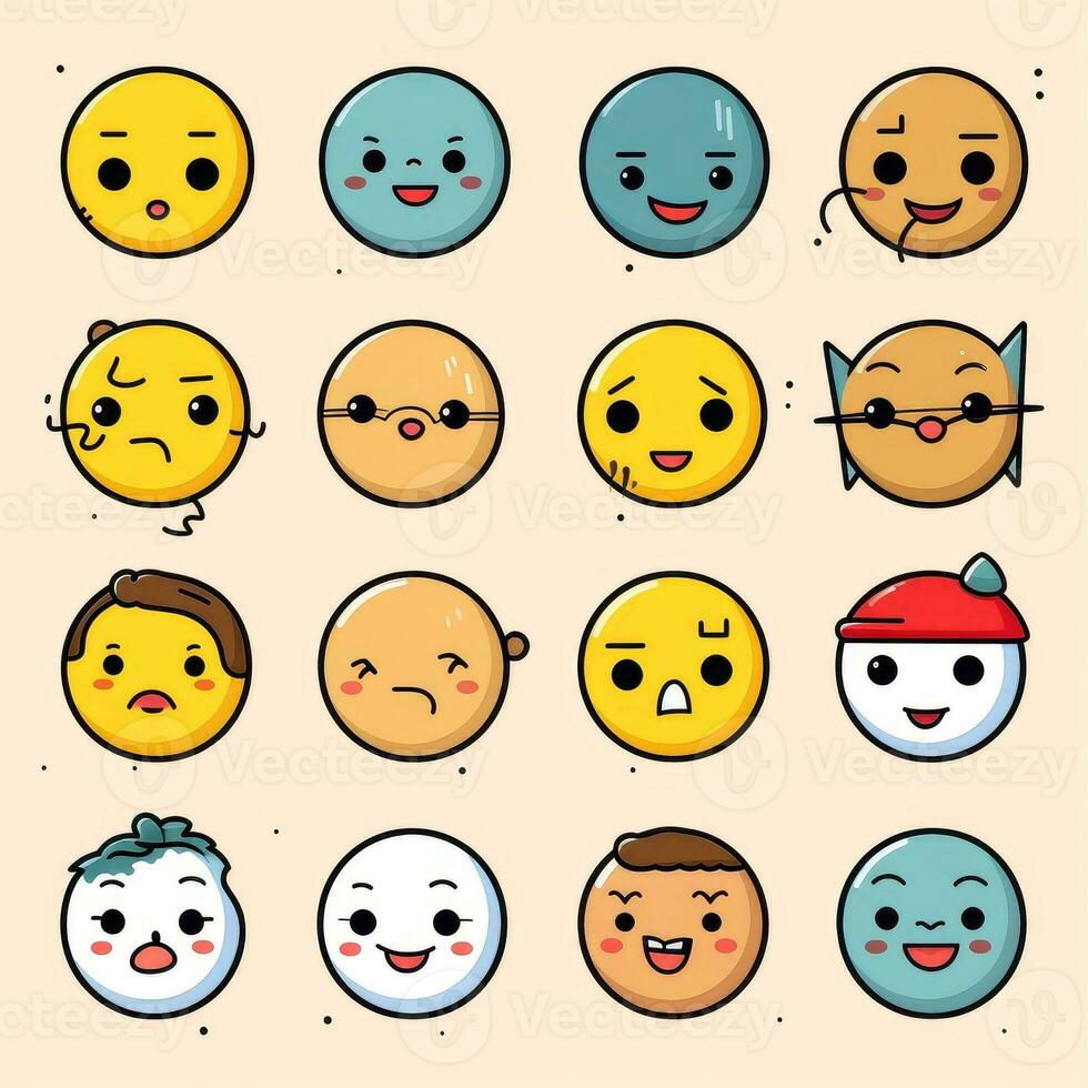 Set of cartoon faces expressions, face emojis, stickers, emoticons, cartoon funny mascot characters face set, Generative AI illustration photo