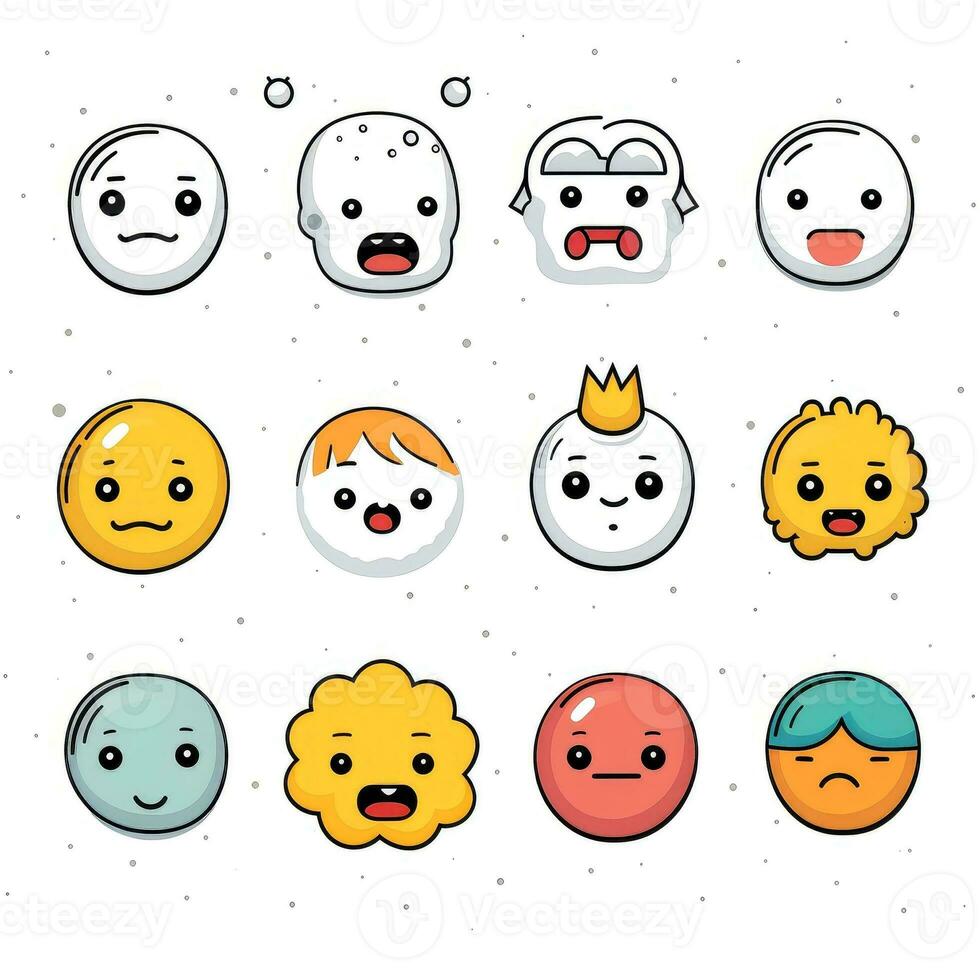 Set of cartoon faces expressions, face emojis, stickers, emoticons, cartoon funny mascot characters face set, Generative AI illustration photo