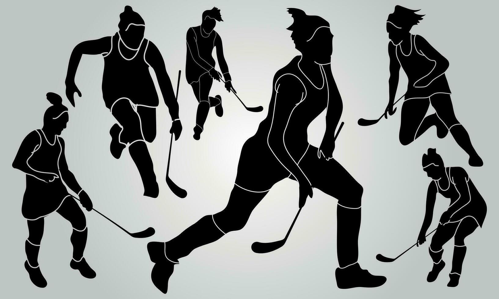 vector hockey jugador palo campo conjunto de siluetas