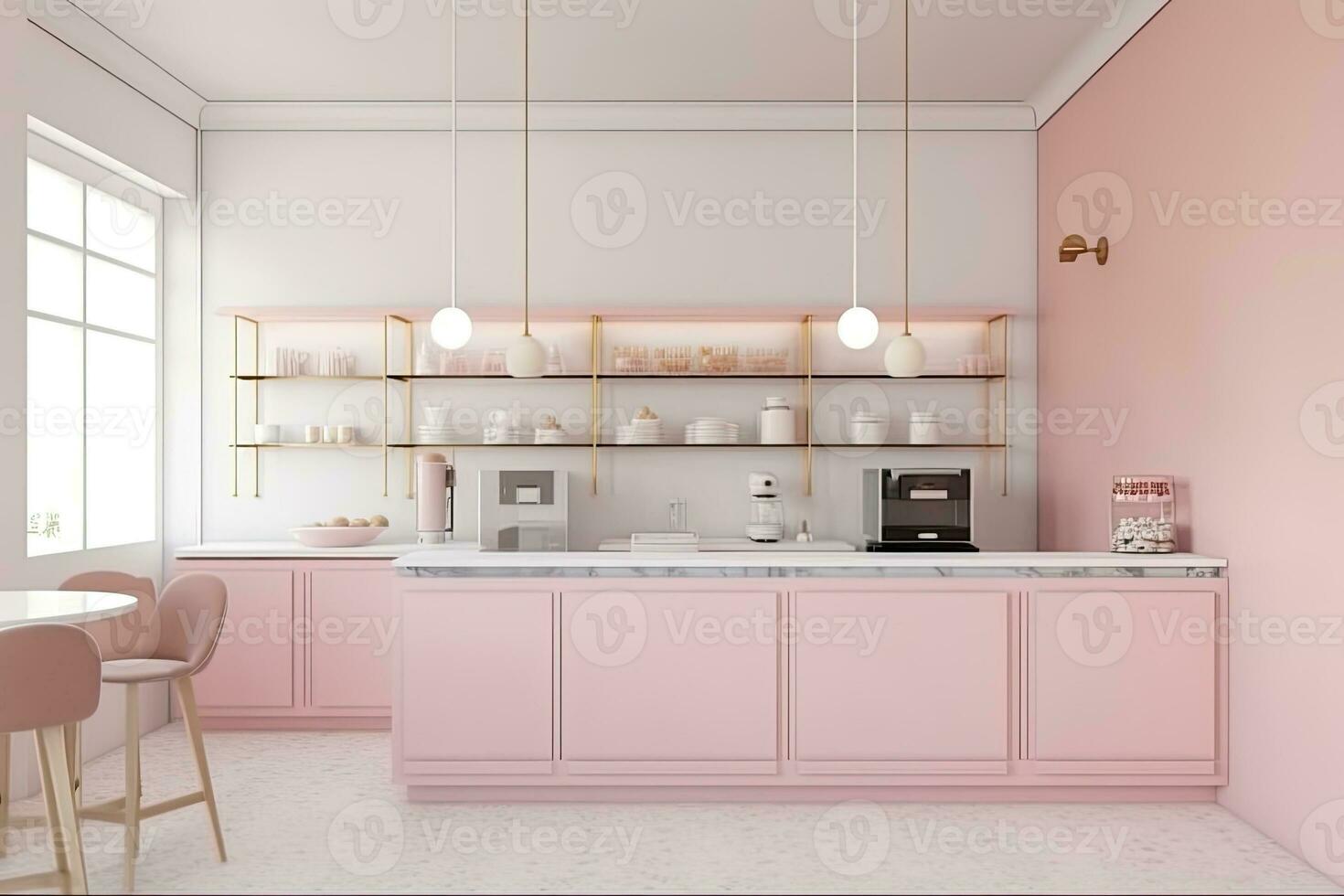 modern pink kitchen with a stylish marble countertop photo