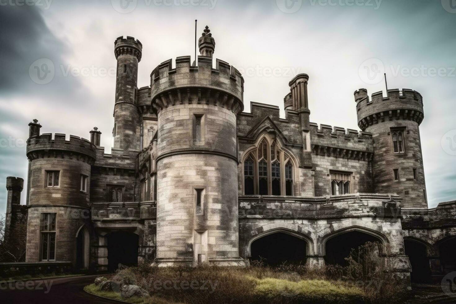 an ancient castle with multiple windows, surrounded by trees and mountains photo