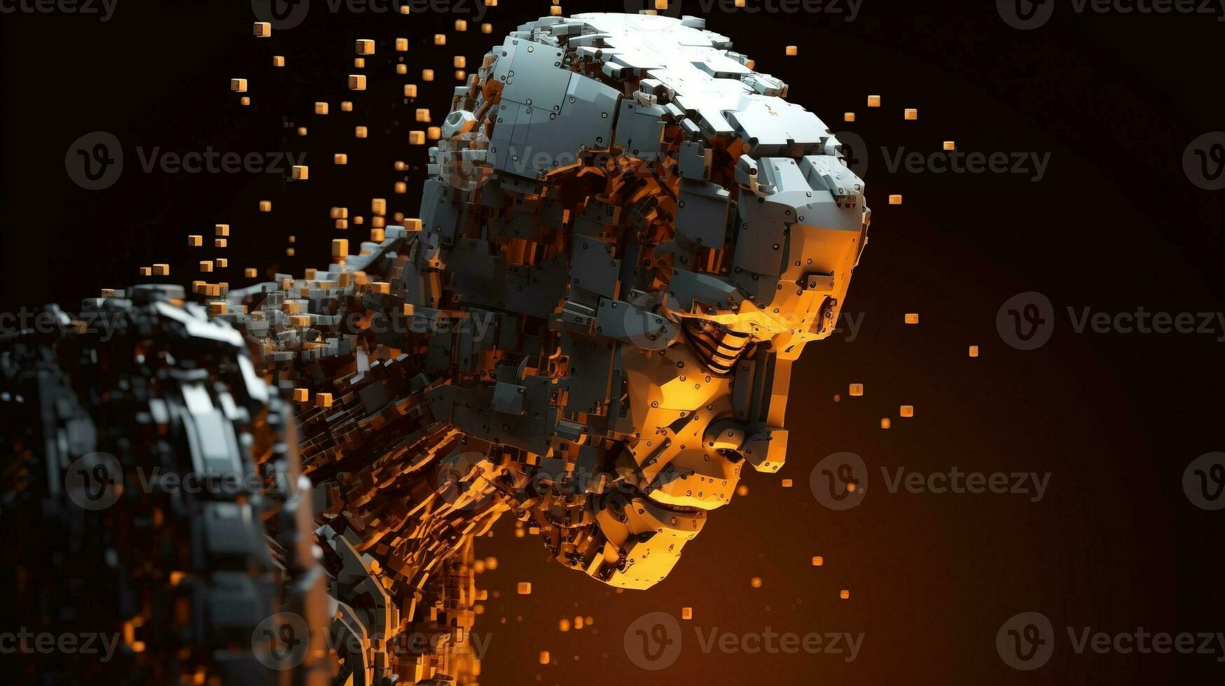 Artificial intelligence. Scattering head profile of a chromed robot, orange background. AI generated. photo