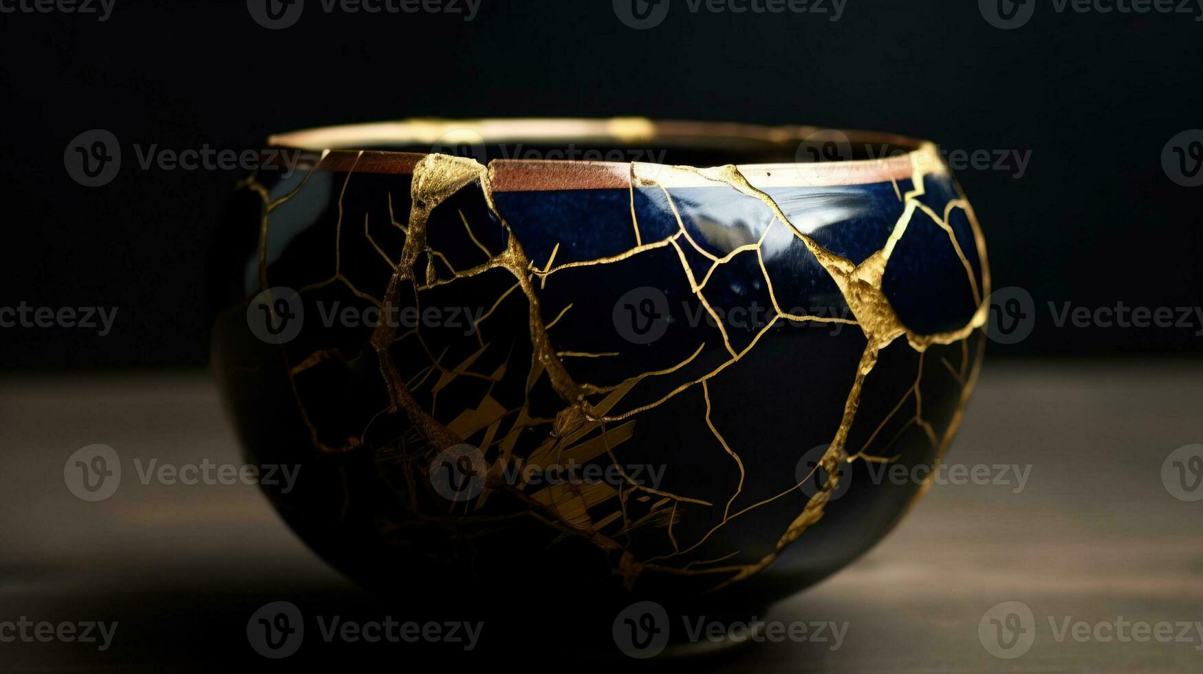 Kintsuki, Japanese pottery. Utensils glued with gold are not concept of constancy, imperfection of world. AI generated. photo