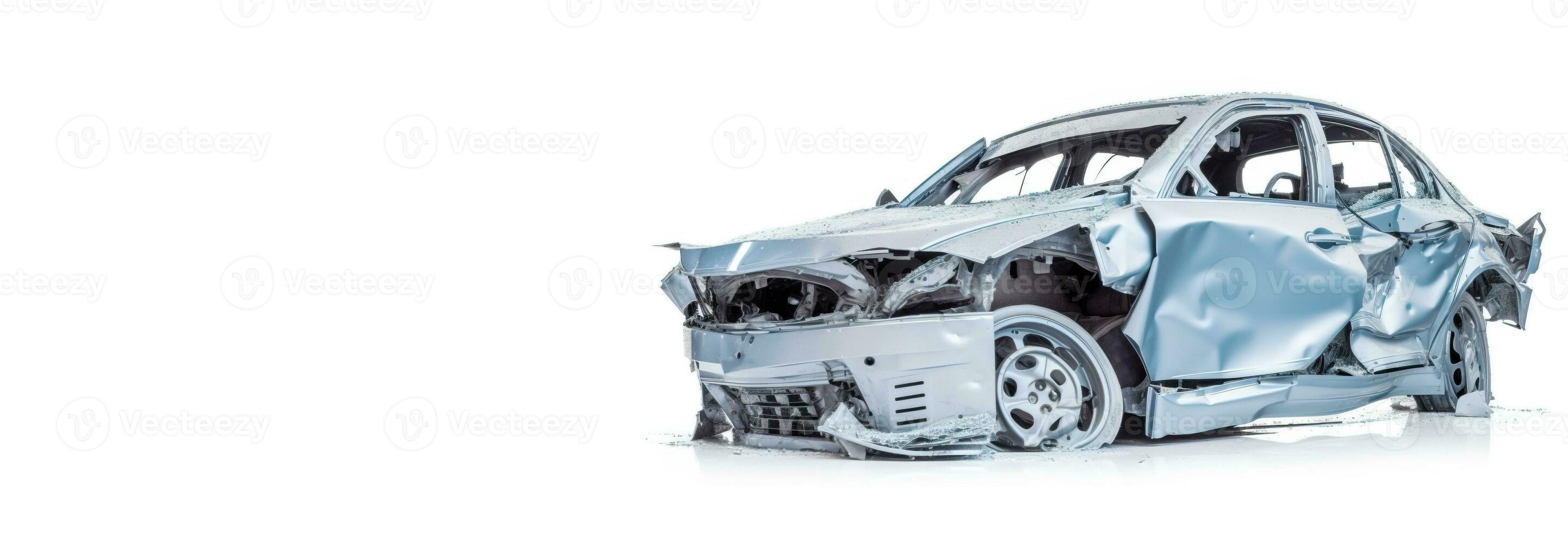 Car accident, broken damaged body metal. Life insurance, technology. Blue car white background. AI generated. photo