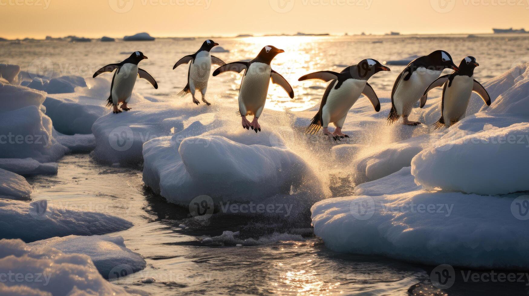 Adelie penguins jump into the ocean from an iceberg. Generative Ai