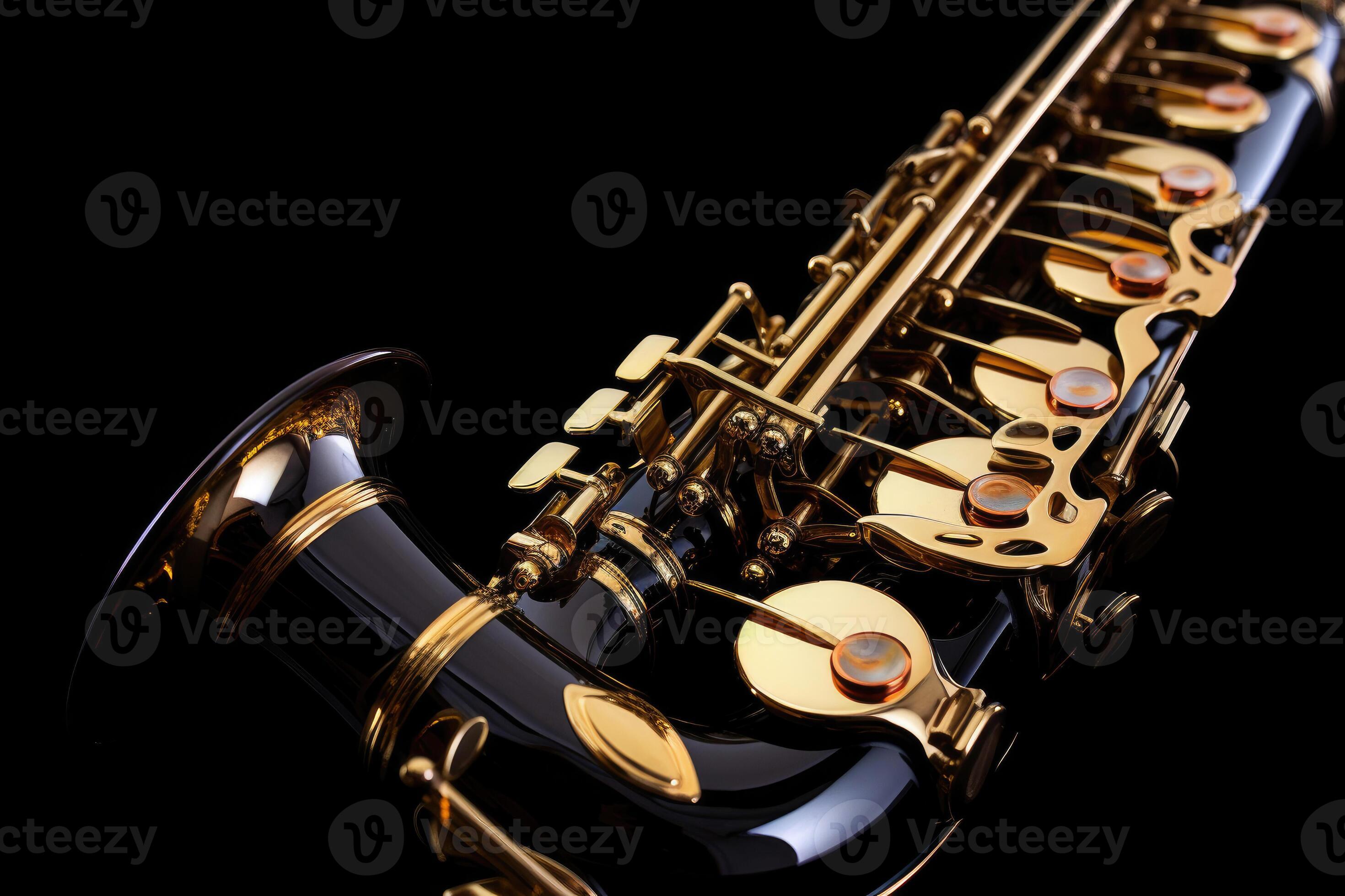Saxophone jazz instruments. Saxophone music instrument closeup on black
