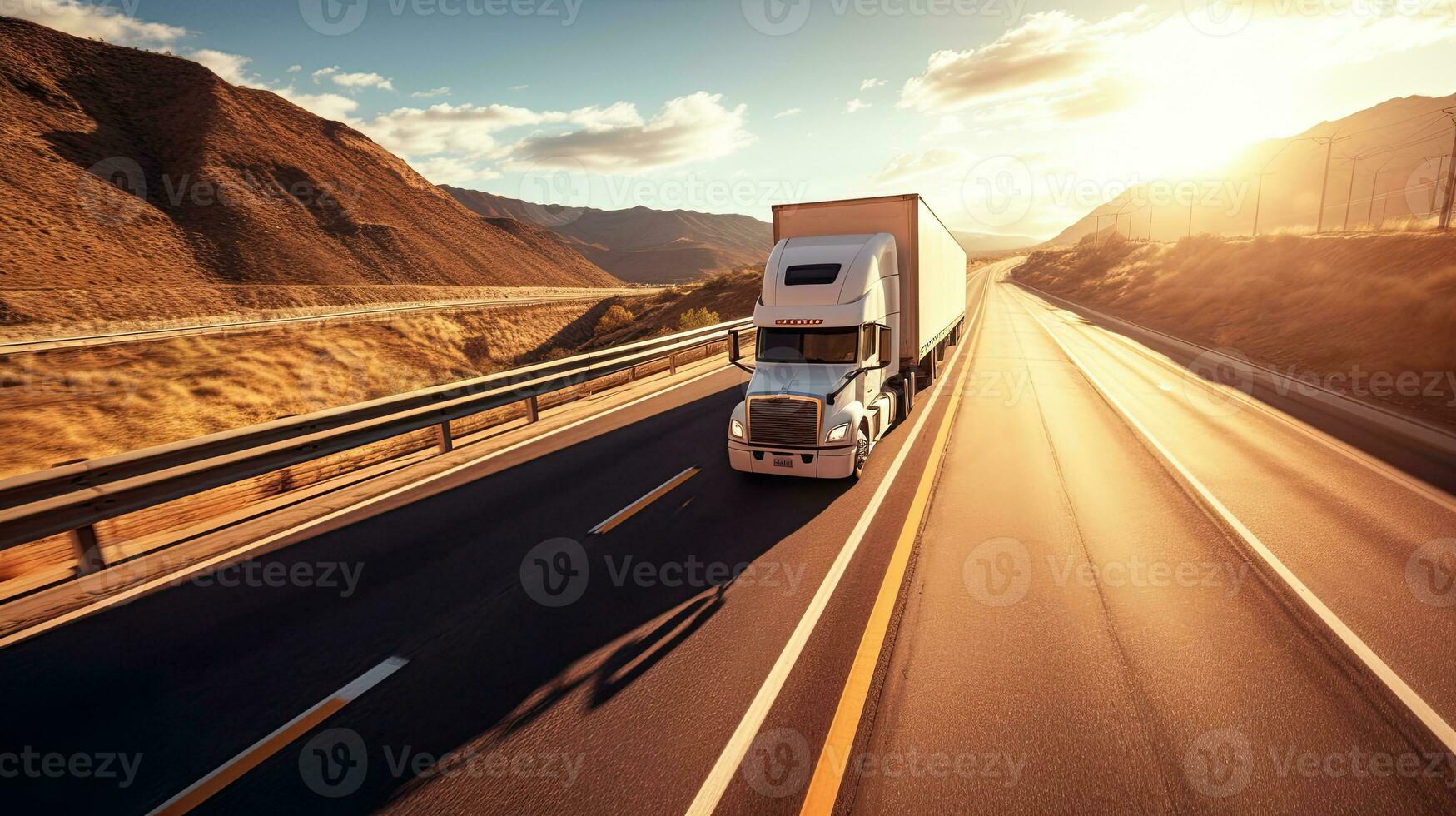 A white truck driving on the highway. Generative Ai photo