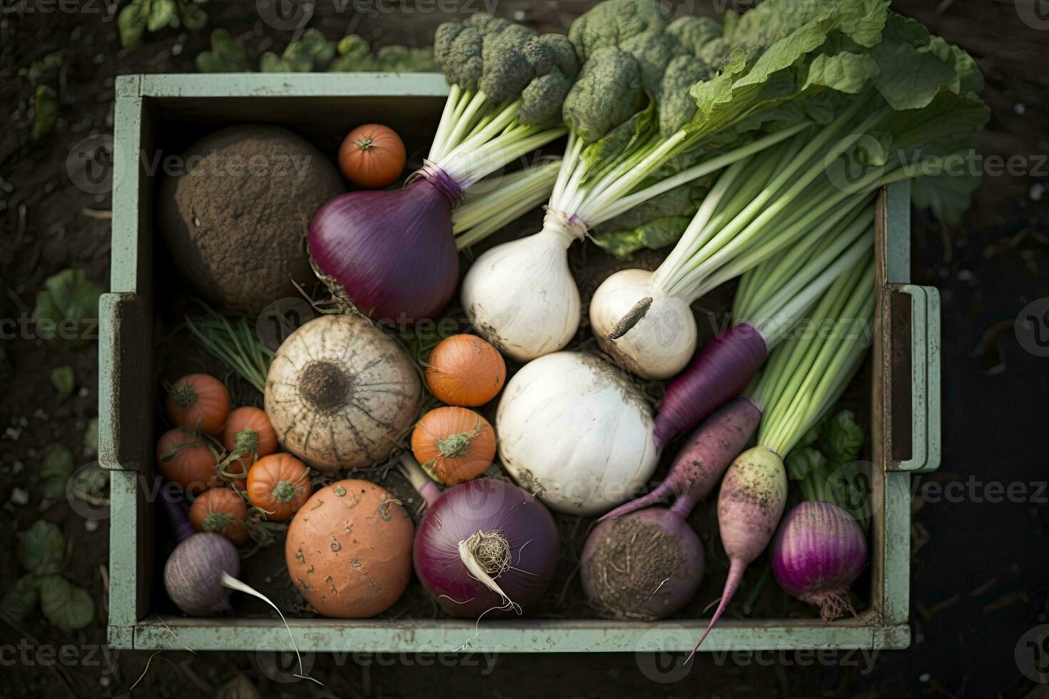 crate filled with assorted fresh vegetables photo