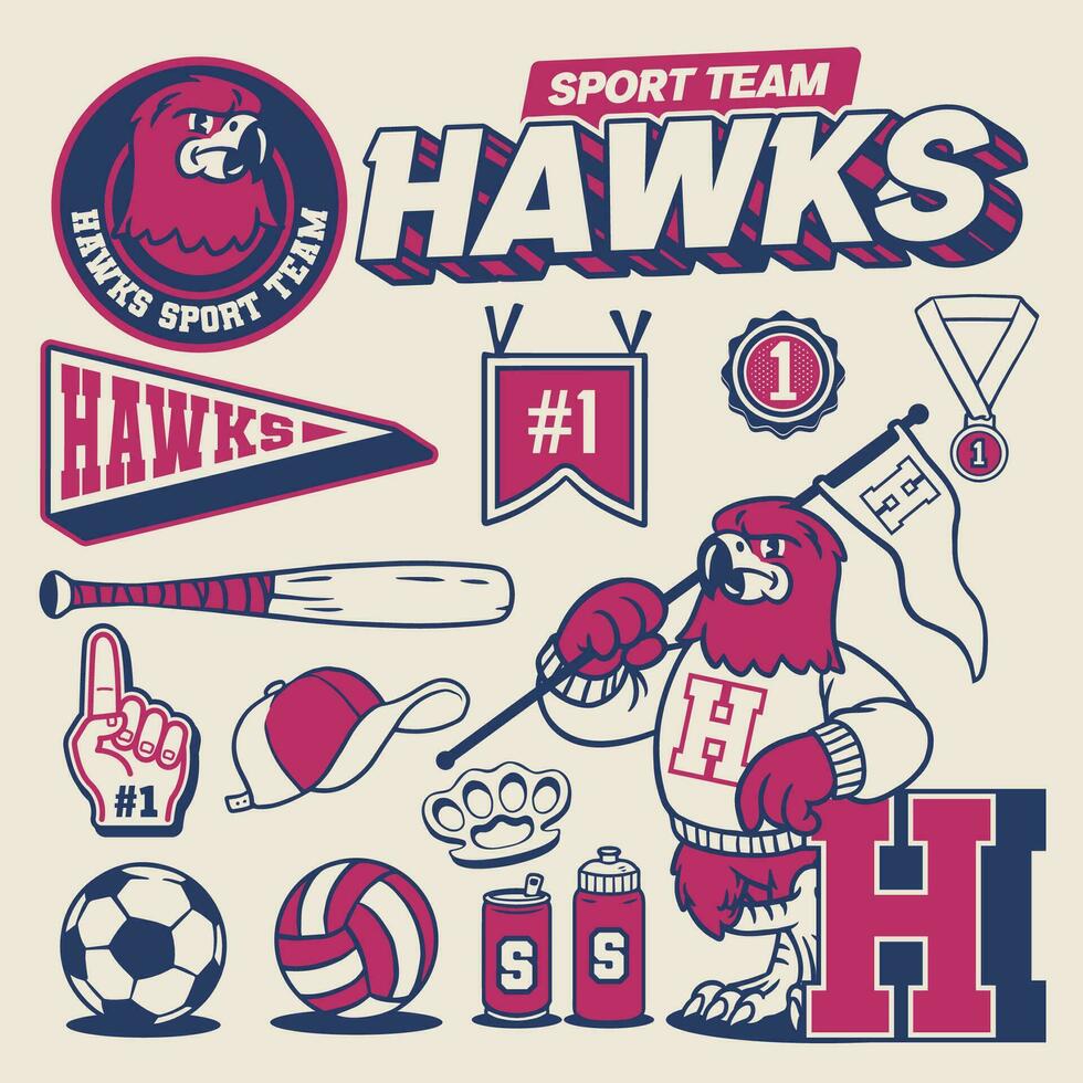 Sport Object Collection of Hawk Mascot Vintage Style vector