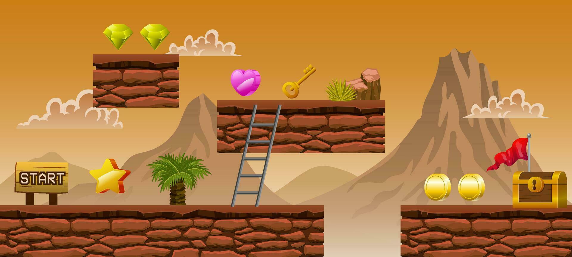 2D Game Platform Cartoon In Volcanic Mountains Scene vector