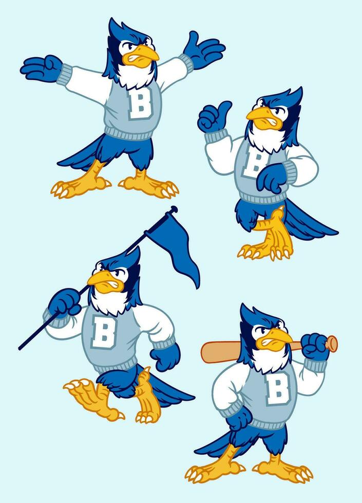 Vector Set of Blue Jay Sport Mascot in Vintage Retro Hand Drawn Style