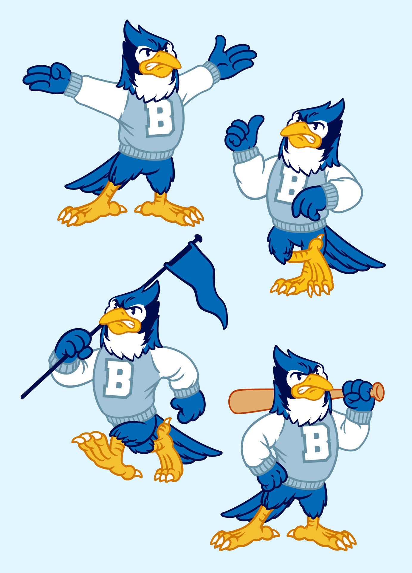 Vector Set of Blue Jay Sport Mascot in Vintage Retro Hand Drawn