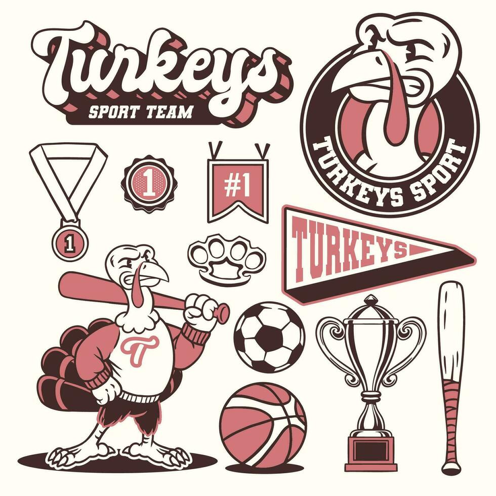 Turkey Mascot and Sport Object Set Vintage Style vector