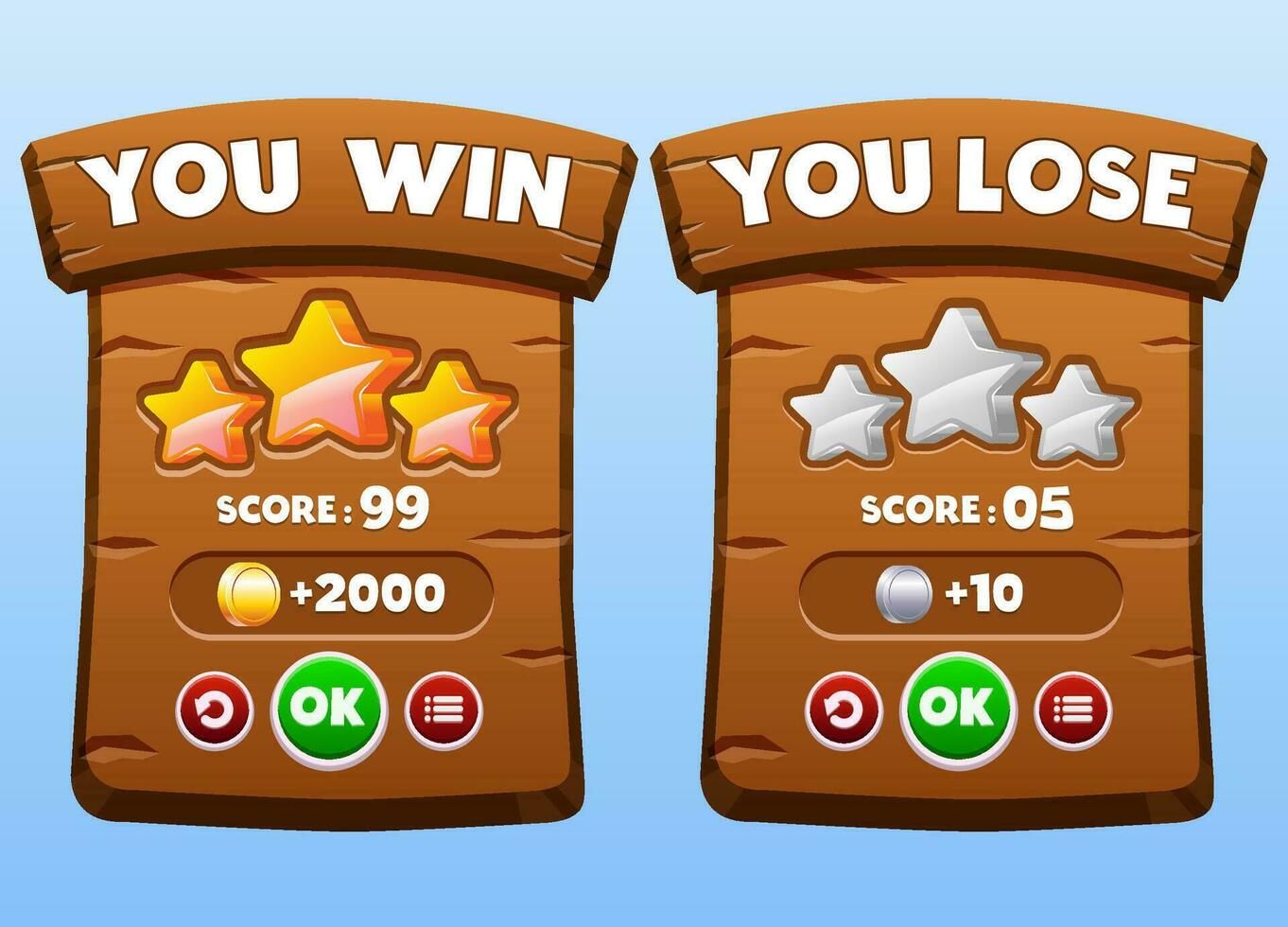 Game UI Wooden Board With Scores, WinLose Banners, Stars, gold coin, silver coin, and Buttons vector