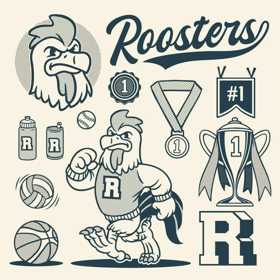 Rooster Mascot Object Set Vintage Style vector