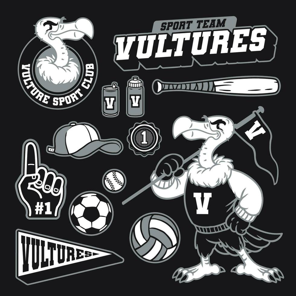 Vulture Mascot Sport Object Set in Vintage Retro Style vector