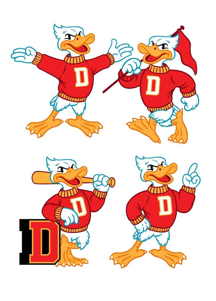 Vector Set of Duck Sport Mascot in Vintage Retro Hand Drawn Style