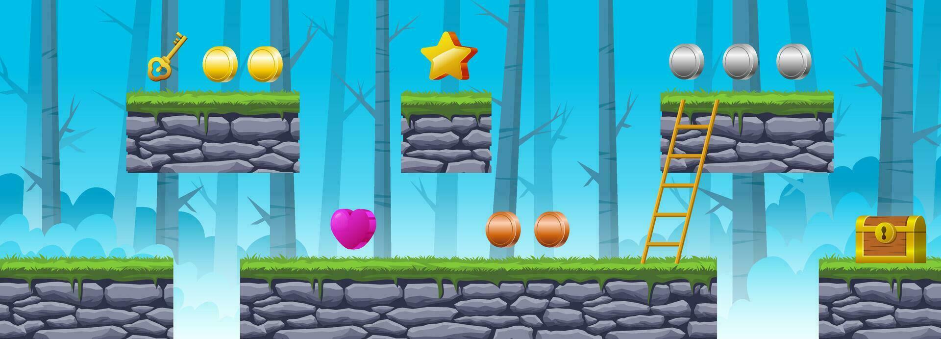 Forest Landscape Game Background With Platform And Game Asset vector