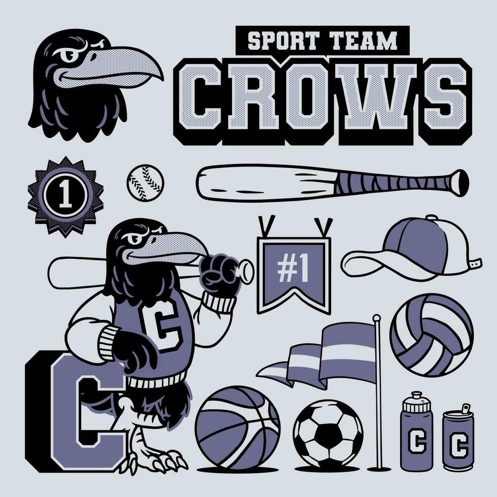 Crow Mascot and Sport Object Collection in Vintage Style vector