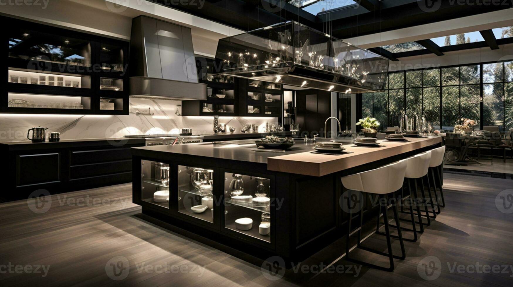 3D illustration of kitchen interior in a modern building big light cooking and dinner area Generative AI photo