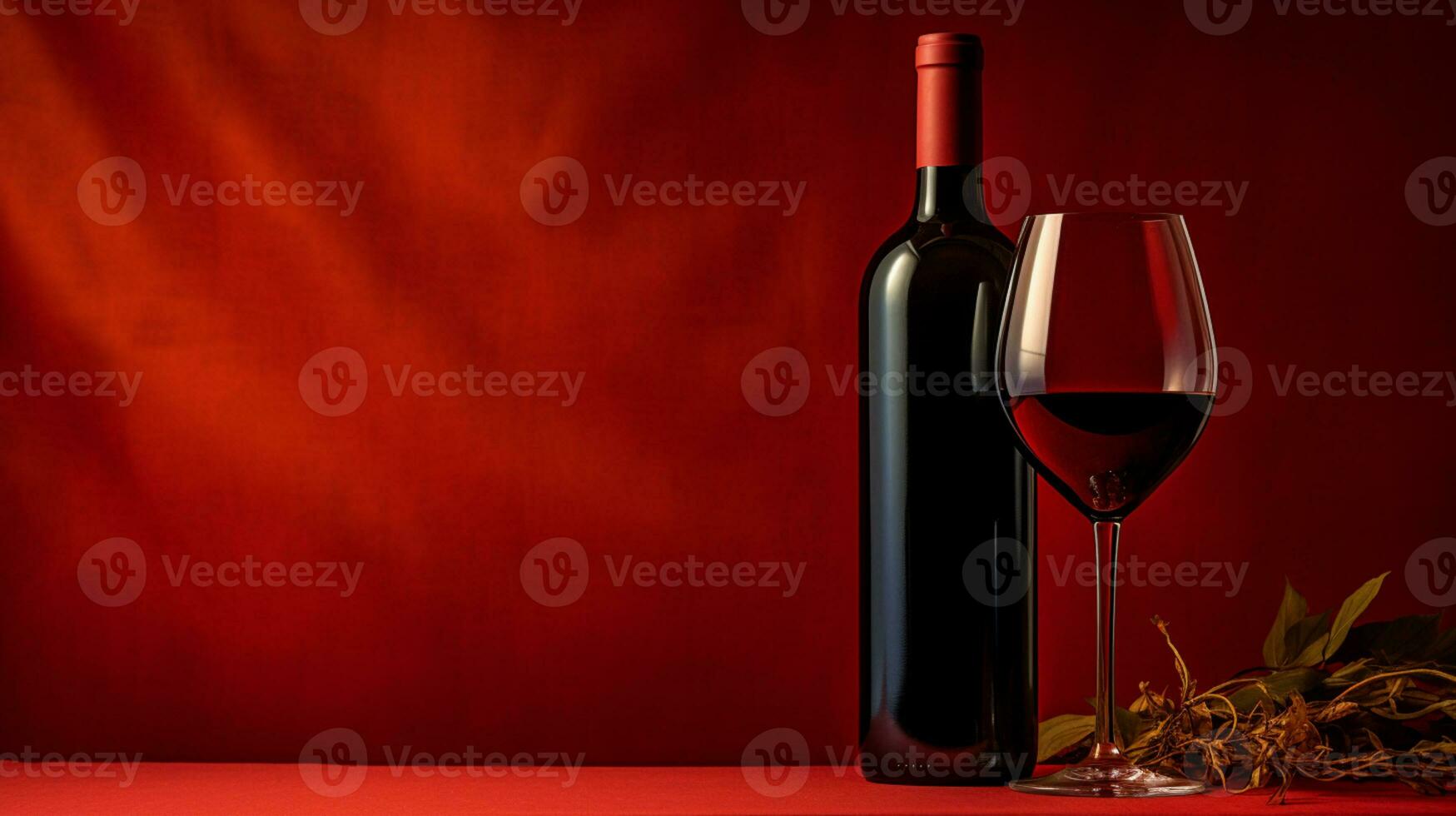 A bottle and a glass of red wine stand on a black mirror table. Black and red background. Generative AI photo