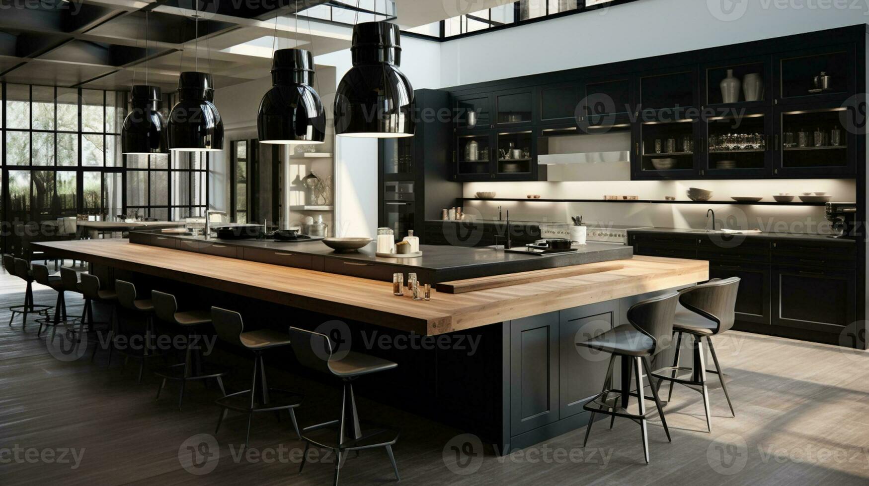 3D illustration of kitchen interior in a modern building big light cooking and dinner area Generative AI photo