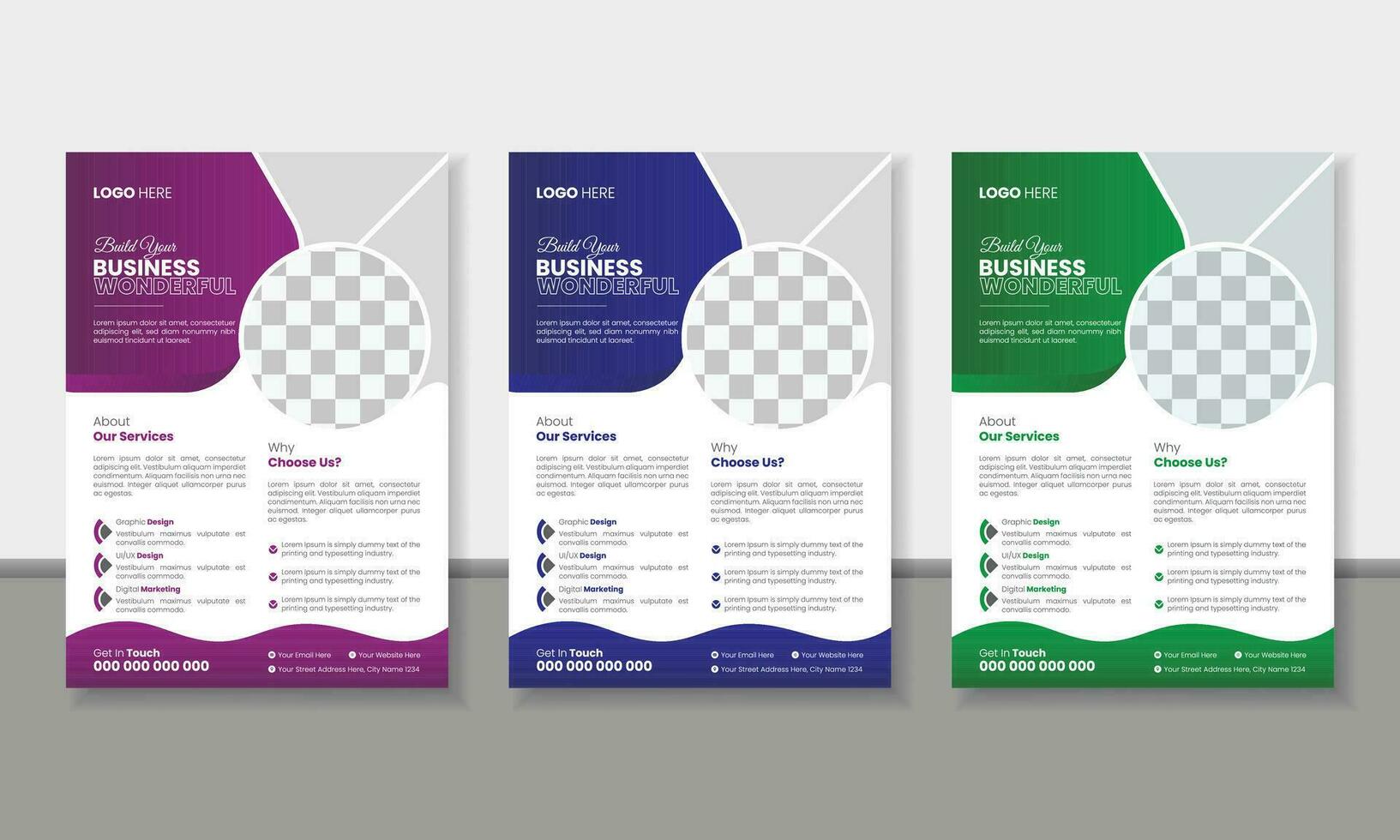 Three business brochure flyer design layout template A4, Abstract creative corporate and business flyer, Template vector design for Brochure, Flyer, Easy to use and edit.