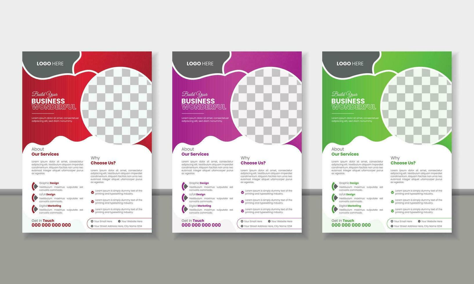 Three business brochure flyer design layout template A4, Abstract creative corporate and business flyer, Template vector design for Brochure, Flyer, Easy to use and edit.