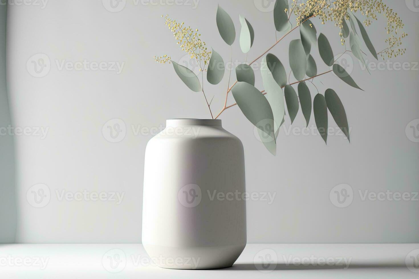 sprigs of springtime eucalyptus in a white vase. Mockup for a motivational caption or product placement. mock up is breezy and light. Scandinavian minimalism in design. Generative AI photo