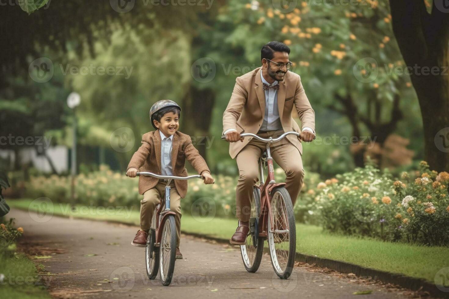 Happy father and daughter ride bicycles in the autumn park on a sunny day. Generative AI photo