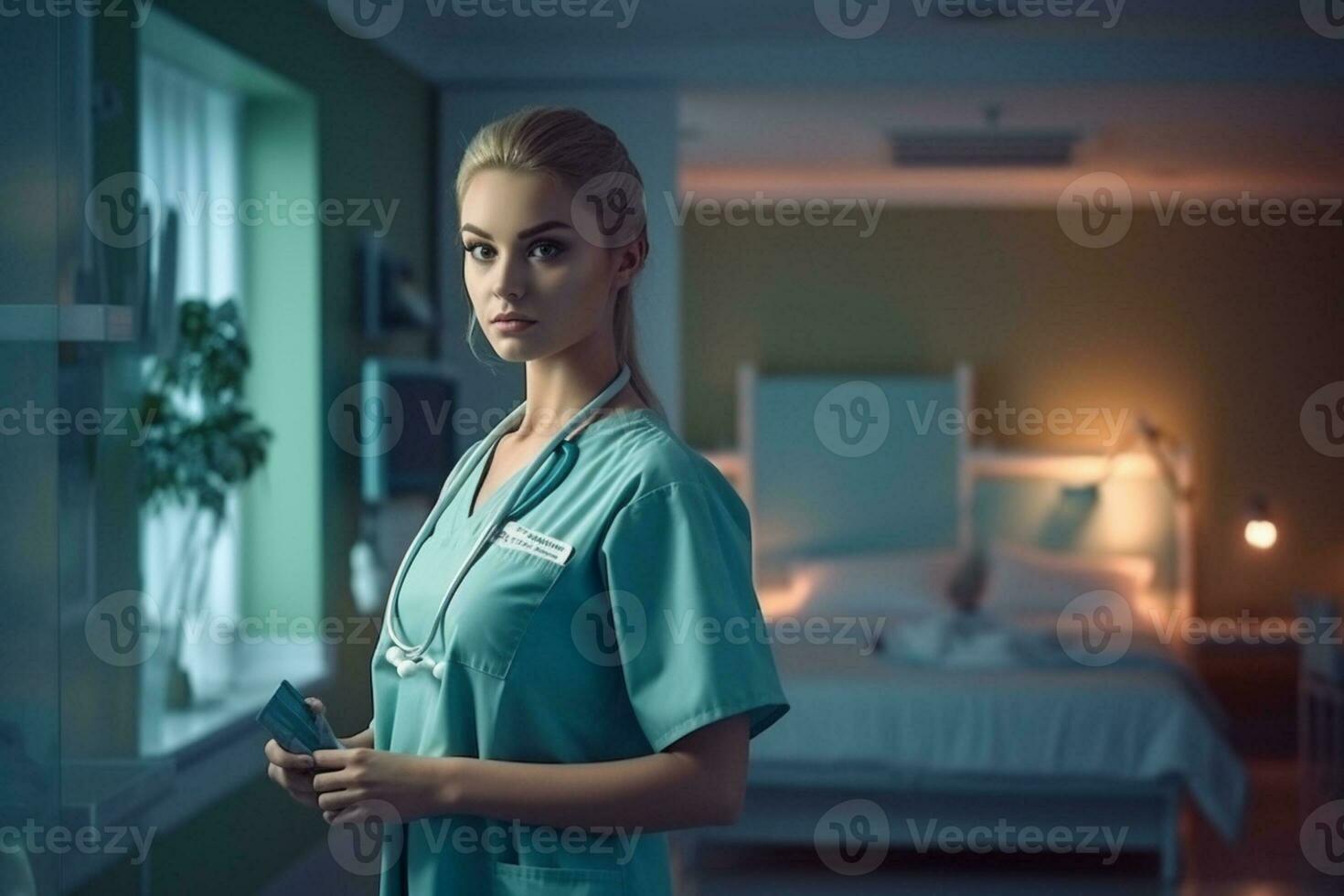 nurse woman and doctor woman standing in hospital room Generative AI photo