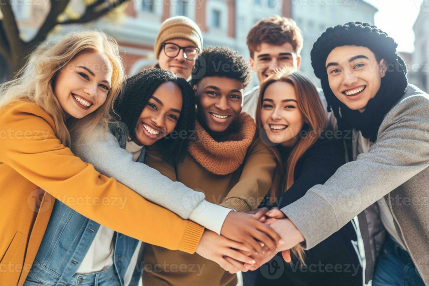 Multicultural friends taking selfie pic with cellphone outside - Happy young people having fun hanging out on city street - Summer vacation concept with guys and girls enjoying Generative AI photo