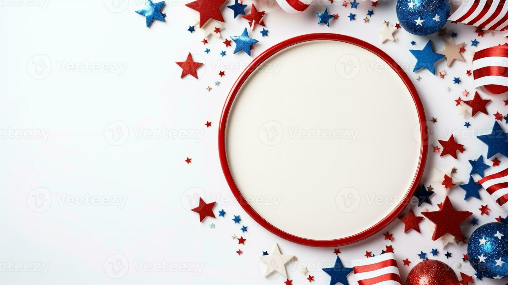 4th of July background, USA Presidents Day, Independence Day, Memorial day, US election concept. Red white and blue paper fans with stars confetti. Flat lay, top view, banner Generative AI photo